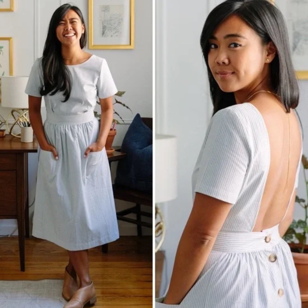Sezane Robe Odalie Seersucker Bleu Ecru FR 40 / US 8 - Picture 13 of 14